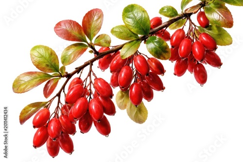 Red barberry fruits on leafy twig exhibiting vivid colors suitable for plant illustration with white background