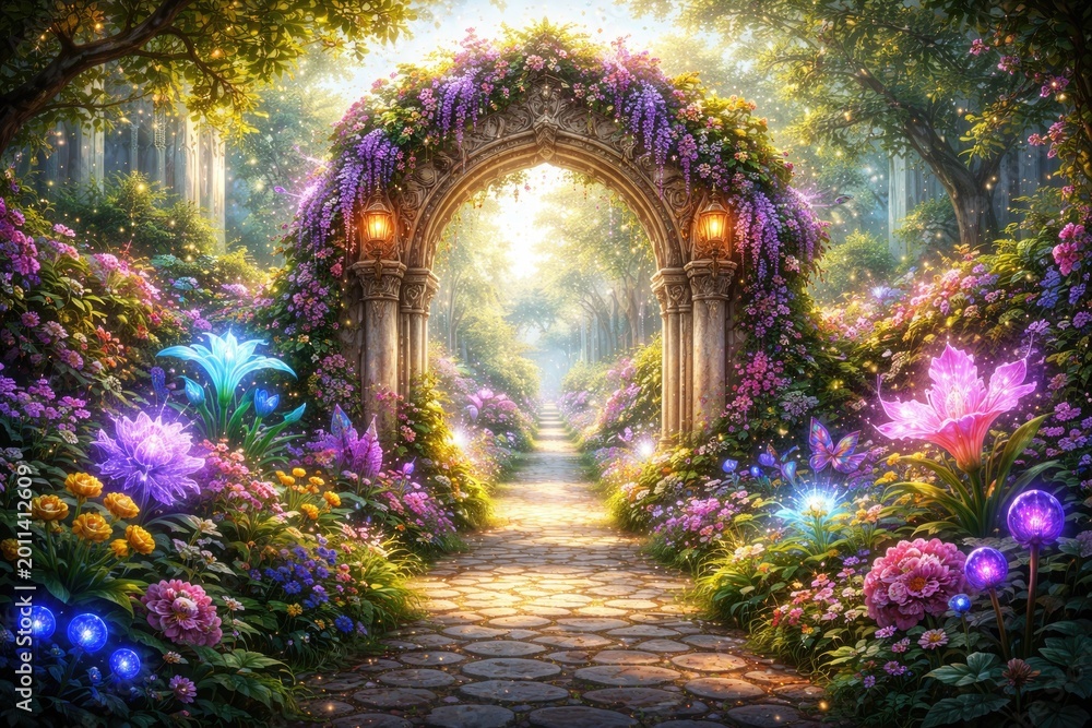 Obraz premium Bright enchanted garden landscape showcasing a detailed archway and magical plants