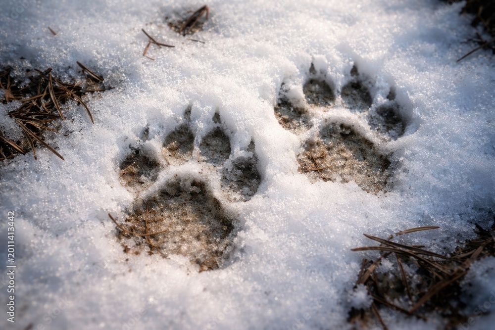 Fototapeta premium Intimate perspective of creature footprints imprinted on white snow