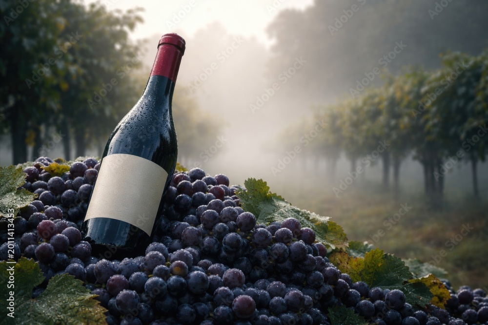 Naklejka premium Wine bottle resting on ripe grapes amidst foggy vineyard setting with ample copy space