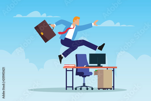 Quadro su tela Businessman Jumping Over Office Desk Concept for Success and Freedom 2d flat vec