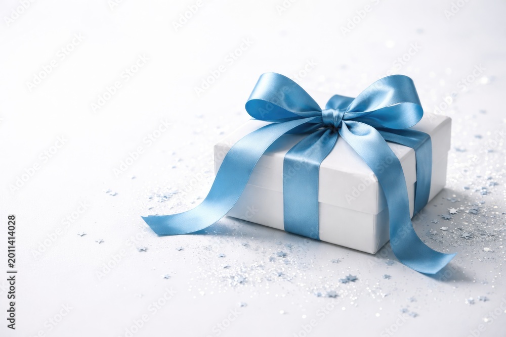 Obraz premium Holiday gift featuring a blue ribbon sitting on a smooth white background with copy space