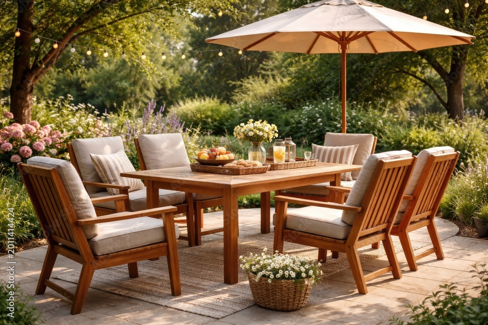 Obraz premium Wooden garden furniture arrangement including table and chairs perfect for summer relaxation