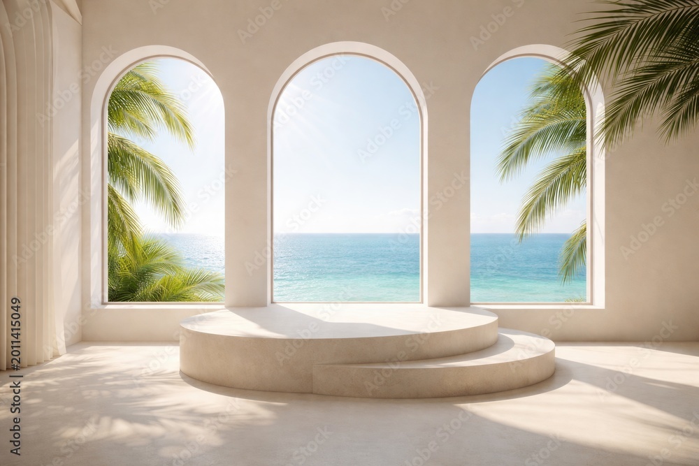 Fototapeta premium Minimalist styled room with curved podium and arched windows presenting ocean scenery and sunlight streaming in alongside palm leaves copy space
