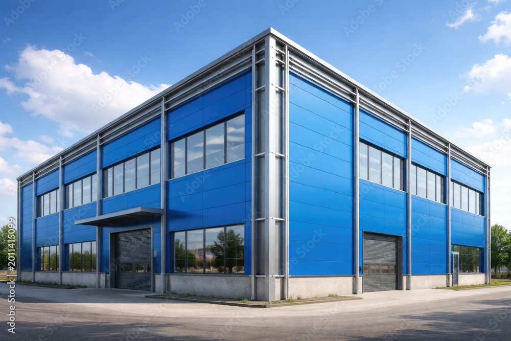 Fototapeta premium Steel framed building featuring vibrant blue sandwich panel facade