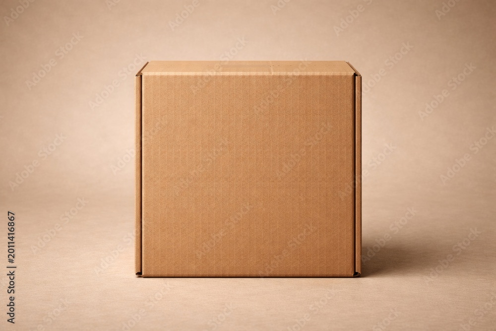Obraz premium Mockup of front-facing brown cardboard box packaging on simple backdrop