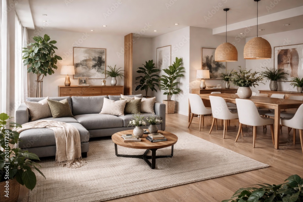 Fototapeta premium Inviting living and dining room with sleek gray couch, wooden accents, white chairs, and abundant plant decor