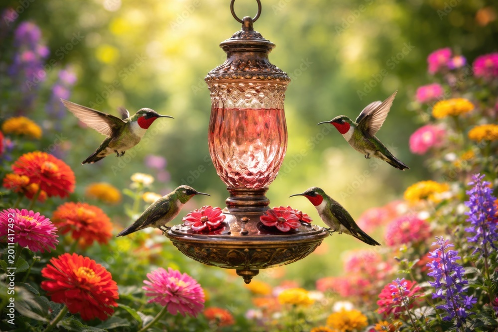 Fototapeta premium Historic style hummingbird feeder surrounded by bright garden blooms