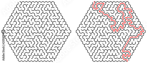 Foto Hexagonal maze puzzle with red winding solution path