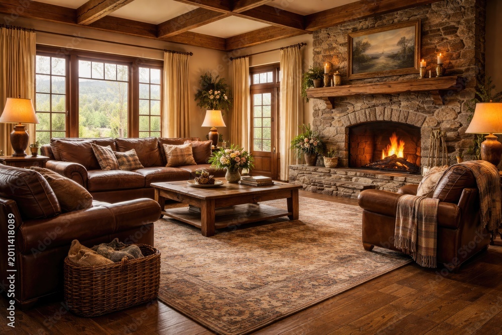 Obraz premium Refined country home interior showing roomy rug leather seating and fireplace with copy space