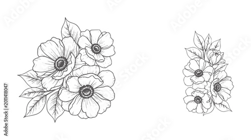 Foto Black and white line floral arrangements with anemone flowers and leaves leaf bo