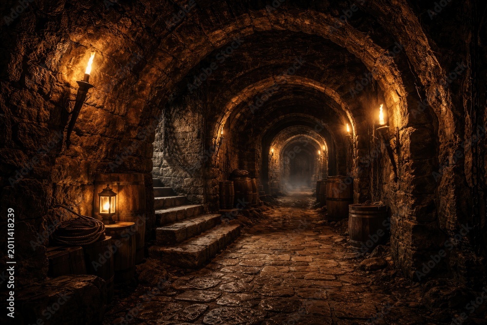 Naklejka premium Historic dungeon interior showcasing a stone passageway and hidden cellar tunnels