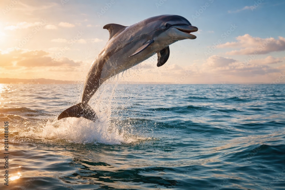 Obraz premium Cheerful dolphin springing high above gentle water ripples