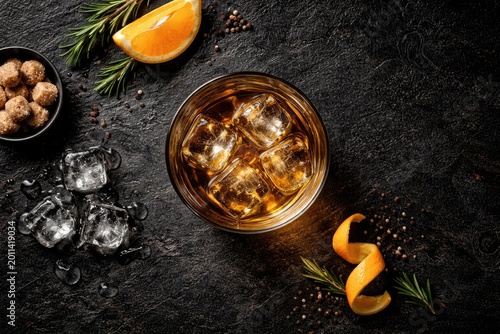 Whiskey glass containing ice on black stone background seen from above with room for garnishes