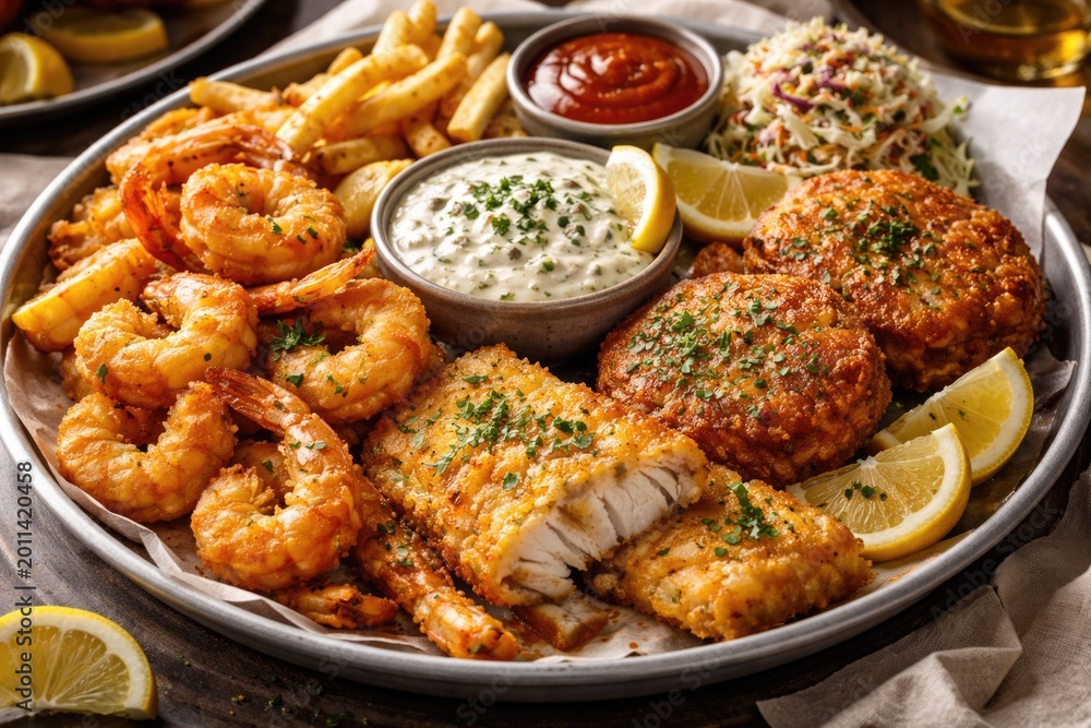 Fototapeta premium Savory Seafood Platter with Battered Shrimp, Golden Crab Cakes, Cod Fillet and Creamy Dip