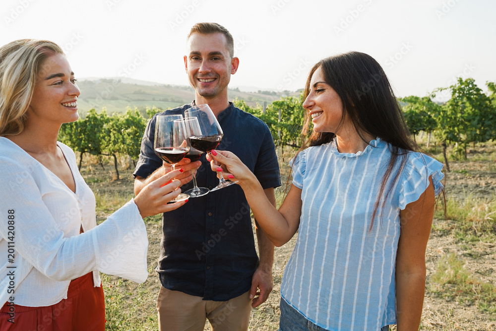 Obraz premium Happy adult friends having fun drinking red wine with vineyard in background - Three people doing wine taste at summer time in countryside resort - Focus on faces