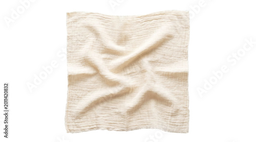 Фотография Wrinkled square cream muslin gauze cloth with raw frayed edges on a transparent