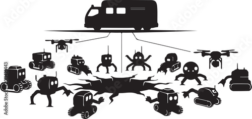 Robotics, drones, and vehicles, industrial automation icons, black silhouette illustrations, technology and engineering set, 13 elements