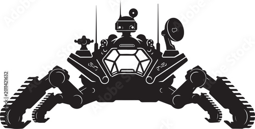 Black robot spider, futuristic mechanical insect, sci-fi creature, vector illustration