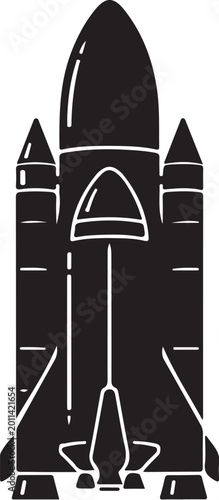 Black space shuttle, rocket ship, spacecraft icon, vector illustration