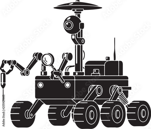 Robotic Mars Rover, Space Exploration Vehicle, Black Vector Illustration, 3D Style