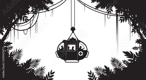 Jungle, tropical, black and white, hanging lantern, foliage border, vector illustration