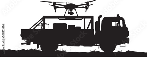 Drone, truck, silhouette, vector icon, drone on truck, aerial vehicle, transportation