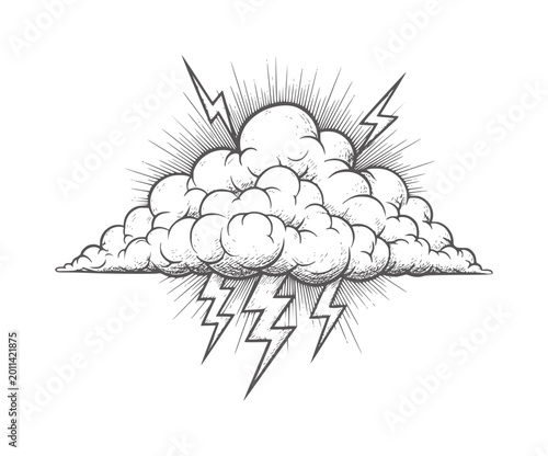Foto Storm cloud with lightning bolts and radiating lines thunder weather