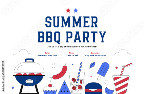 Summer BBQ party invitation with grill and food items
