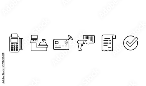 Retail point of sale icon set with credit card terminal cash register contactless payment barcode scanner paper receipt and checkmark