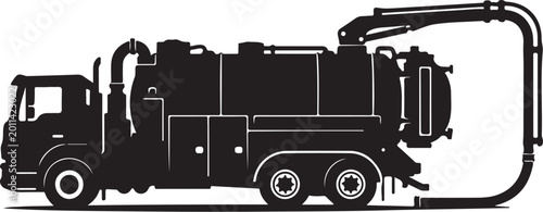 Black, industrial vacuum truck, silhouette, vector illustration, heavy equipment, industrial vehicle