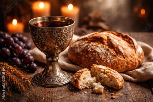 Symbolic Easter Communion arrangement presenting a chalice brimming with wine and rustic bread