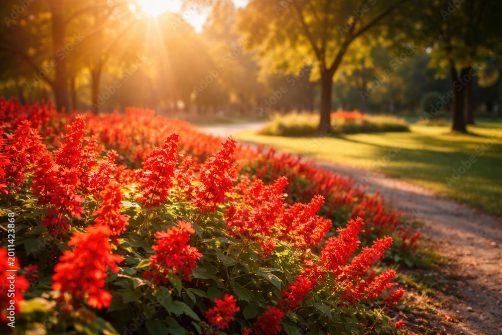Obraz premium Bright sunlight casting glow on vibrant red blossoms with peaceful park copy space