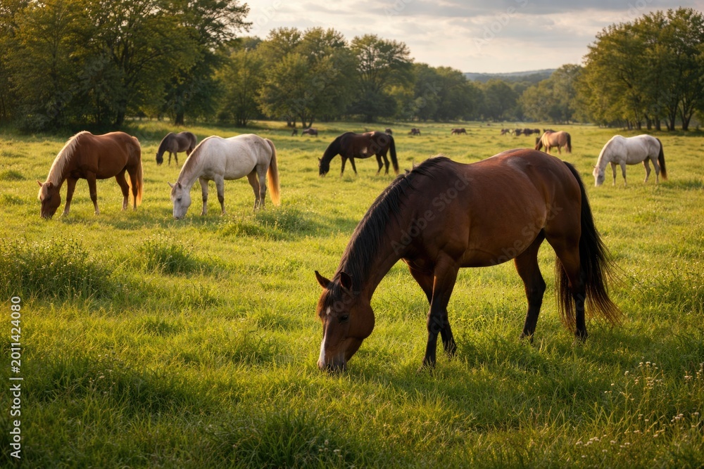 Obraz premium Relaxed horses eating in a lush expansive grass pasture