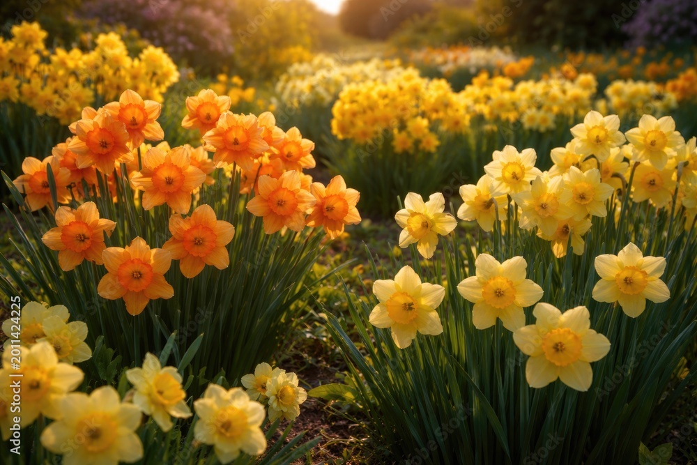 Obraz premium Spring garden alive with radiant orange and yellow daffodil flower clusters