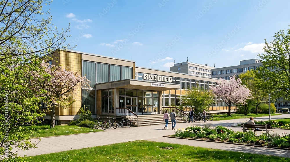 Fototapeta premium Modern Campus Canteen Building Surrounded by Spring Trees in Sunny Courtyard