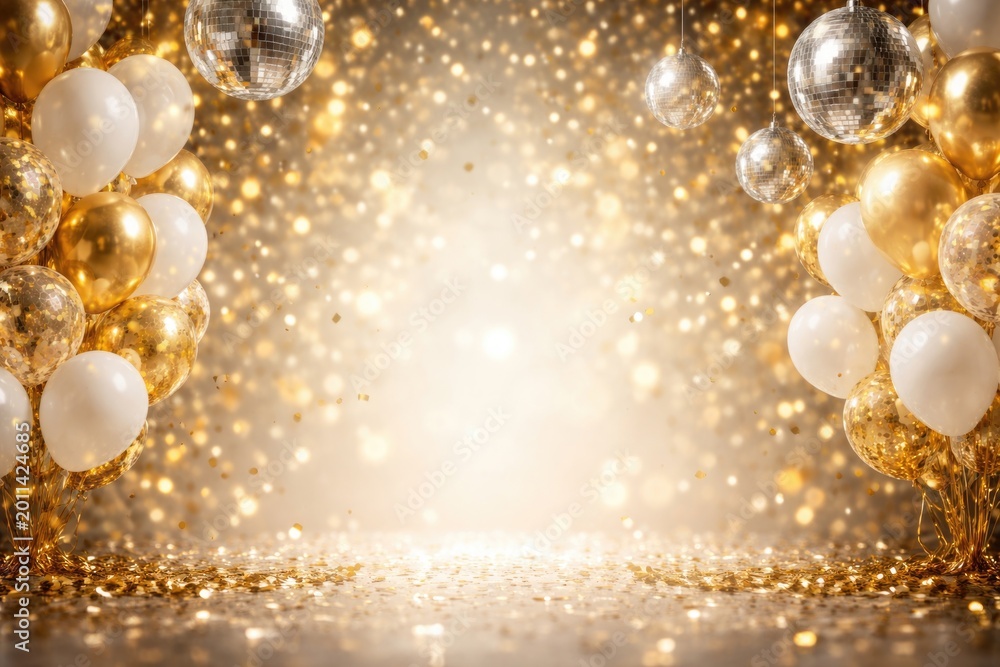 Naklejka premium Stylish celebration scene with white and gold balloons, luminous disco balls, and a confetti backdrop including spacious copy space for web banner use
