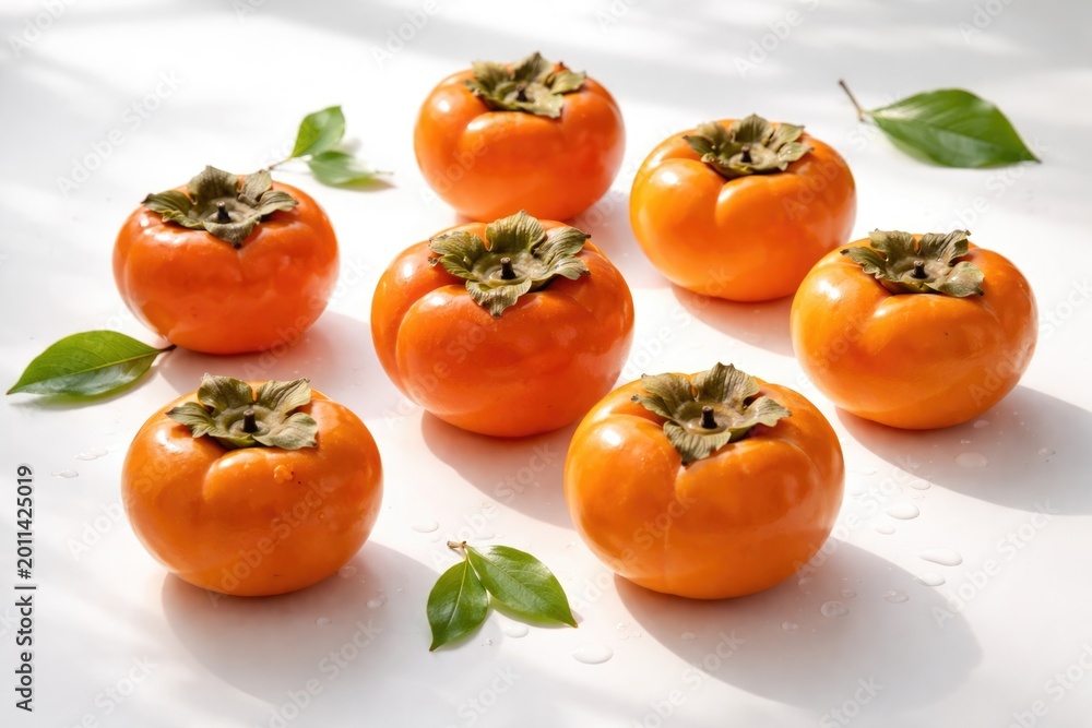 Fototapeta premium Multiple persimmons arranged artistically on smooth white surface with highlights