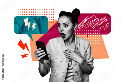 Φωτογραφία Composite collage artwork image picture of impressed girl smart phone dialogue b