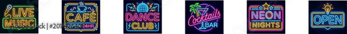 Set of vibrant neon vector signs for entertainment and nightlife.
