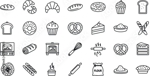 Bakery and pastry icon set in clean black line art style with bread croissant and baking tool symbols