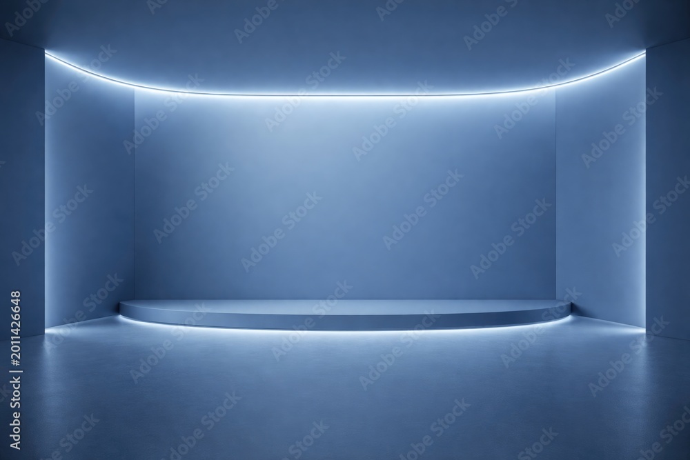 Obraz premium Modern minimalistic blue presentation backdrop with built in lighting and smooth floor design
