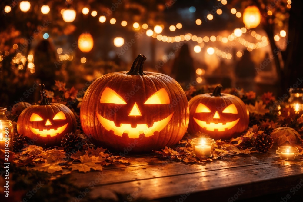 Obraz premium Pumpkins illuminated against a shiny blurred backdrop at Halloween gathering