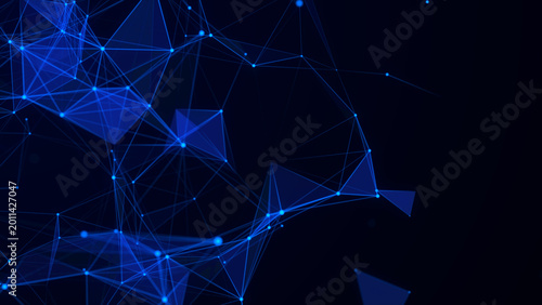 Abstract blue digital network with glowing nodes and polygonal connections on dark background, futuristic technology backdrop with geometric structure, data communication concept and copy space.
