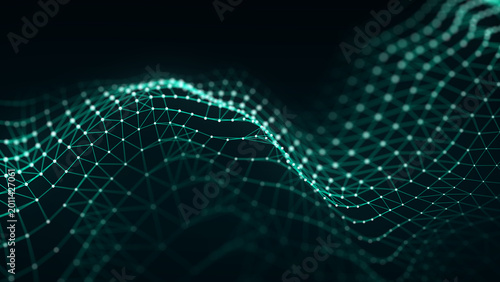Fotografi Abstract green polygon network wave on dark background