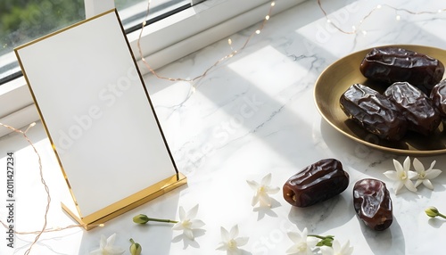 Ramadan Mockup Greeting Card on Marble Table with Dates Fruit, White Flowers, and Fairy Lights in Bright Natural Morning Sunlight