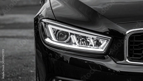 Modern Black Car Headlight Close Up with Sleek Automotive Detail and Premium Design