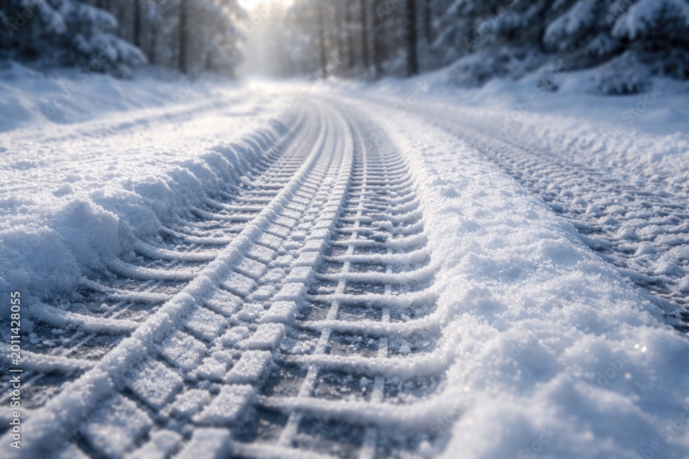 Fototapeta premium Wintertime automobile tire track impressions on snowy ground