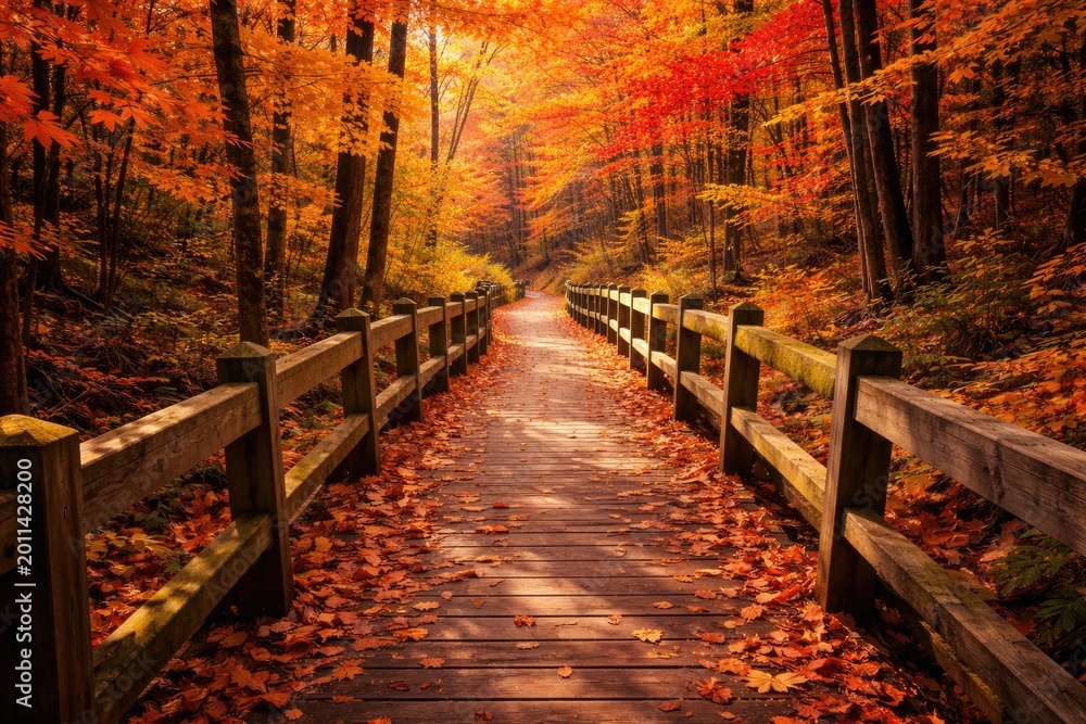 Fototapeta premium Vibrant fall trail with wooden boardwalk and rich autumn leaves in natural setting