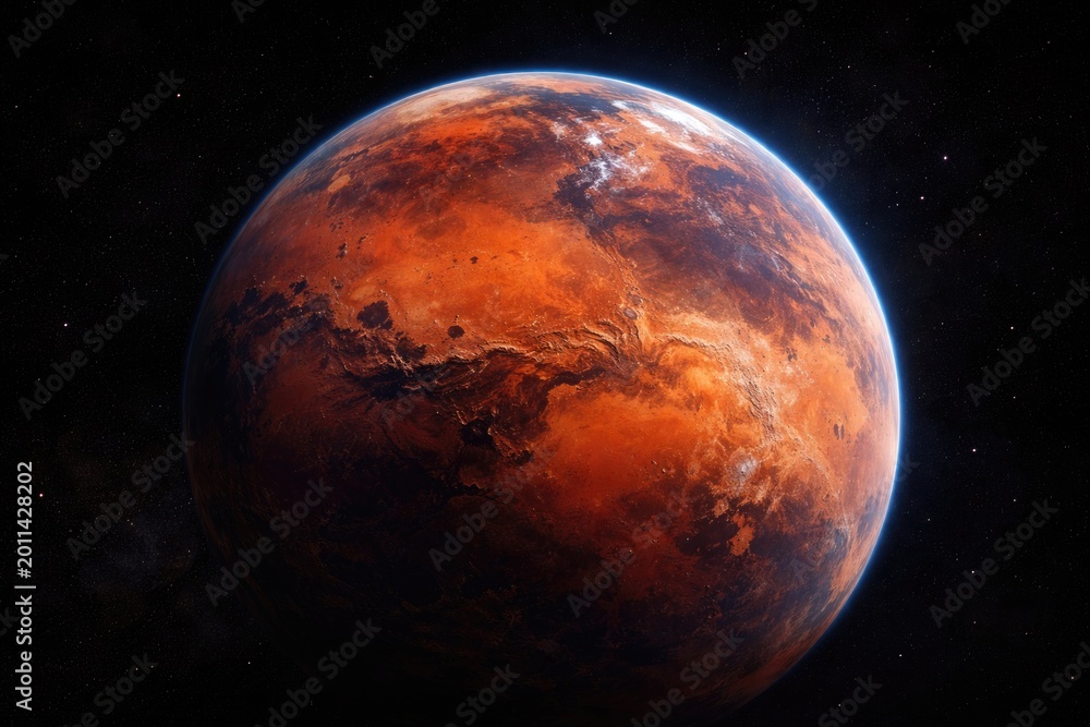 Fototapeta premium Vibrant Mars planetary surface and atmospheric details with a stark black space background